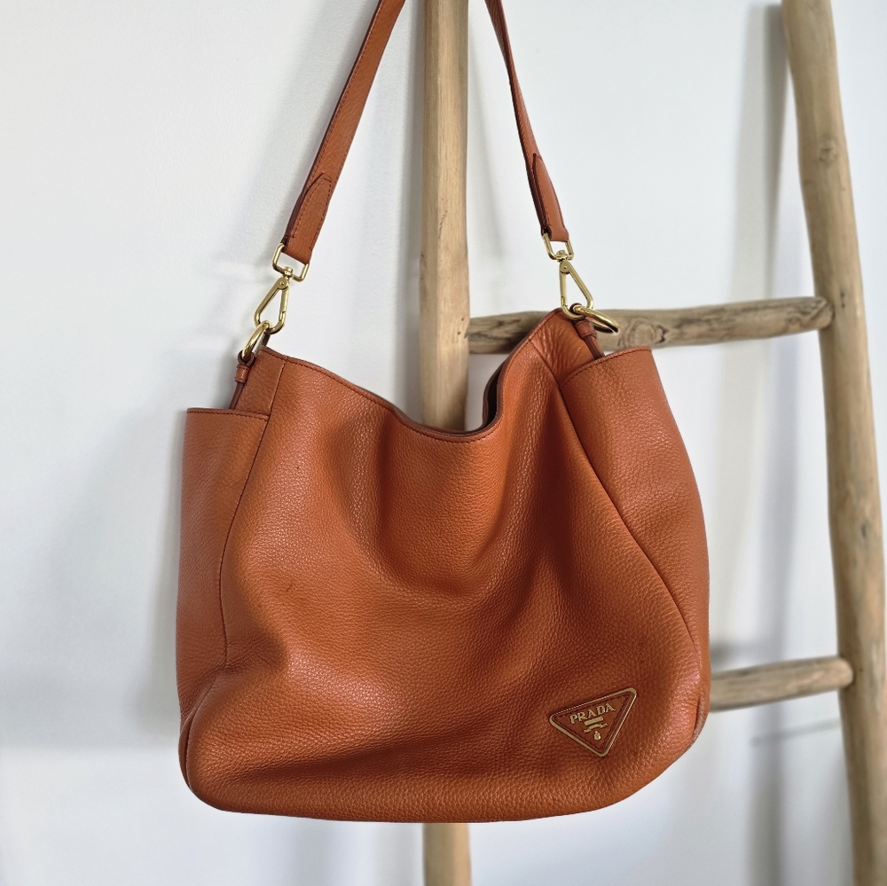Prada Orange Vitello Daino Leather Side-Pocket Tote Bag